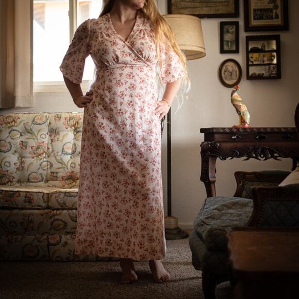 Vintage 70s Maxi Barkcloth Dress Handmade Retro Mod SMALL FLAW